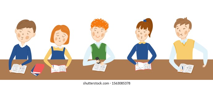 Schoolgirl and schoolboy sitting at the desk studying in school. Childrens reading the book and writing in copybook at the table. Kids study. Flat cartoon education background.