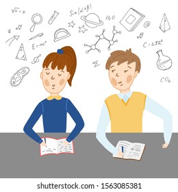 Schoolgirl and schoolboy sitting at the desk studying in school. Childrens writing in copybook at the table. Doodle hand drawing study elements: formula, geometric shapes. Сartoon education background