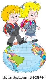 Schoolgirl and schoolboy walking together on a big globe
