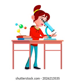 Schoolgirl Scientist Research By Microscope Vector. Expressive Caucasian School Girl Scientist Researching And Analyzing With Laboratory Equipment. Character Researcher Flat Cartoon Illustration