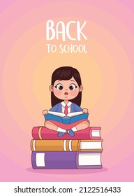 schoolgirl seated in books, back to school