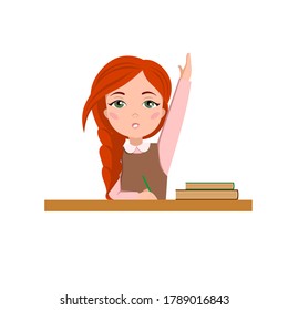 A schoolgirl is sitting at a Desk. The red-haired Girl answers the question. Vector illustration on a white background. Stock image.