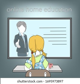 schoolgirl is sitting in front of the monitor. online home education. training during quarantine. vector illustration.