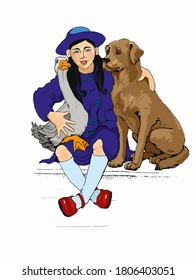 A schoolgirl sitting with her faithful friends: a dog and a goose.