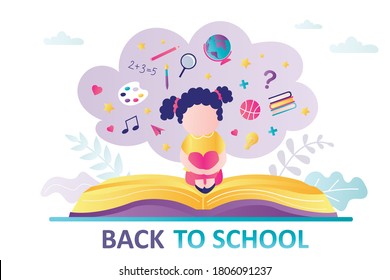 Schoolgirl sitting on open textbook. Back to school concept. Student girl thinks about stationery, supplies and education. Horizontal web banner template in trendy style. Flat vector illustration