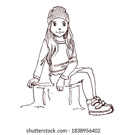 Schoolgirl is sitting and posing. Hand drawn vector illustration.