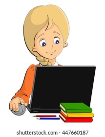 Schoolgirl sitting at the table and working on a laptop.