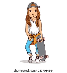 Schoolgirl with a skateboard posing. Hand drawn vector illustration.