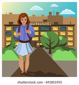 Schoolgirl in a skirt with a backpack goes from school on a clear sunny day. Flat vector illustration.