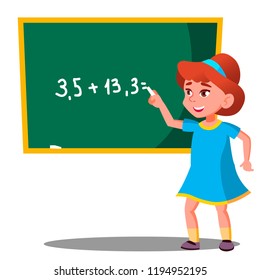 Schoolgirl Solves A Mathematical Problem At The Blackboard Vector. Isolated Illustration

