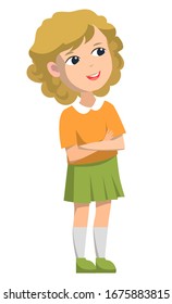 Schoolgirl standing alone and smiling. Blonde girl dressed in orange shirt, green skirt and knee socks. Happy kid isolated on white background. Back to school concept. Flat cartoon vector illustration