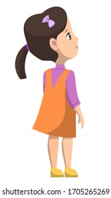 Schoolgirl Standing Alone And Smiling. Brunette Girl Dressed In Orange Dress And Violet Shirt. Happy Kid Isolated On White. Back To School Concept. Flat Cartoon Vector Illustration, Back View