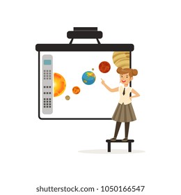 Schoolgirl Standing In Front Of An Interactive Whiteboard, Astronomy Lesson At School Vector Illustration On A White Background