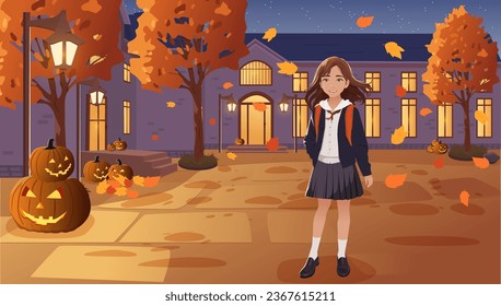 A schoolgirl stands against a school surrounded by pumpkins. Preparing for Halloween