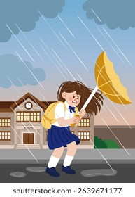 Schoolgirl struggling with an umbrella in the rain