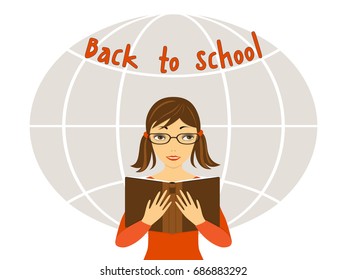Schoolgirl or student holding a book. Happy girl hugging a book. Flat concept of the reading, learning. Text back to school. Isolated on white background. eps 10