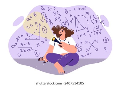 Escolar estudia matemáticas y brilla en las paredes con fórmulas de álgebra. Estudiante de la escuela primaria preparándose para los exámenes de matemáticas o participando en competencias académicas sentadas en el piso