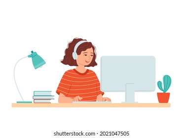 Schoolgirl is study with computer at home. Girl in headphones sits at the table and doing homework online. Concept distance education. E-learning. Remote schooling. Isolated vector illustration