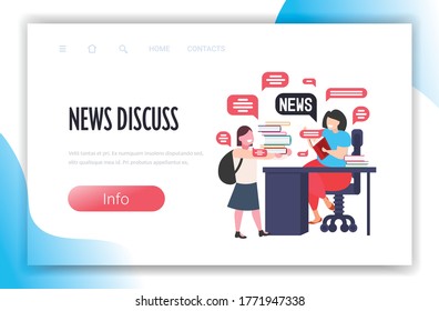 schoolgirl and teacher discussing daily news chat bubble communication concept full length copy space horizontal vector illustration