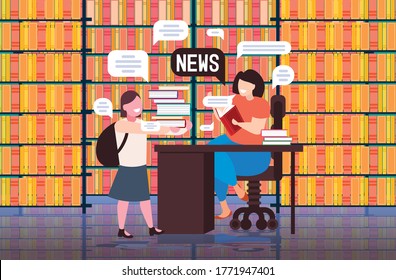 schoolgirl and teacher discussing daily news chat bubble communication concept modern library interior full length horizontal vector illustration