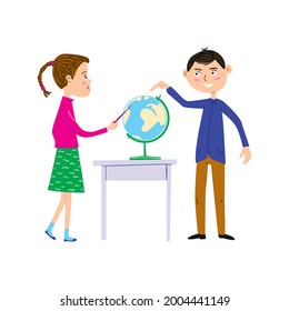 Schoolgirl and teacher in geography lesson. Girl shows a point on the globe and man asks question. Back to school vector illustration.