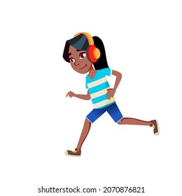 Schoolgirl Teen Athlete Running Outdoor Vector. African School Girl Listening Music In Earphone And Running On Stadium Or Park. Character Jogging, Sportive Activity Flat Cartoon Illustration