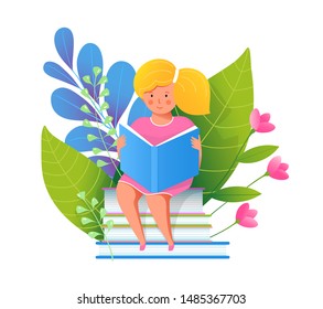 Schoolgirl with textbook flat vector illustration. Happy little girl sitting on books stack cartoon character. Smiling schoolchild studying, school education. Student and forest leaves with flowers