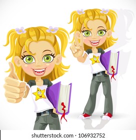 Schoolgirl with the textbook shows everything is OK