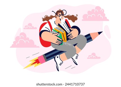 Schoolgirl with textbooks flies on pencil across sky and smiles, enjoying receiving education or new knowledge. Little girl student with backpack and books studying in elementary school.