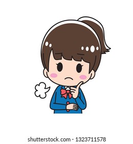 Schoolgirl thinking with hands on chin