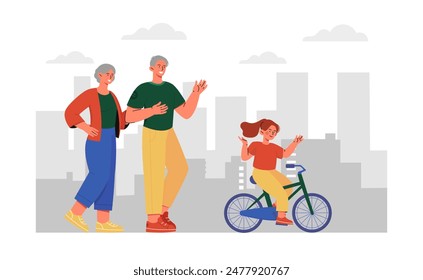 Schoolgirl training bike. Grandparents teach their granddaughter how to ride bicycle. Active lifestyle and sports. Schoolgirl at cycle. Cartoon flat vector illustration isolated on white background