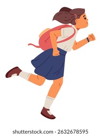 Aluna de uniforme com mochila correndo para a ilustração de vetor plana escola isolada no branco.