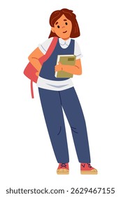 Aluna de uniforme com mochila e um livro ilustração vetor plana isolado no branco.