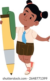 Uma estudante de uniforme segura uma caneta gigante em um estilo de desenho animado. O jovem estudante, vestido com uma gravata e shorts, se inclina brincalhamente contra a caneta de tamanho exagerado. Ilustração de vetor de desenhos animados.