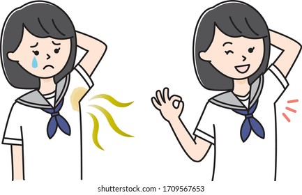 Schoolgirl in uniform suffering from armpit odor, high school student, junior high school student, sailor suit