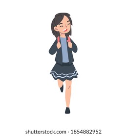 Schoolgirl in Uniform Walking to School with Backpack, Back to School, Education Concept Cartoon Style Vector Illustration