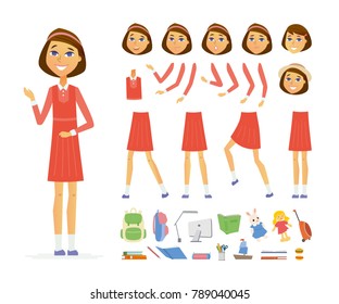 Schoolgirl - vector cartoon people character constructor isolated on white background. Set of different face expressions, poses, gestures for animation. A lot of school objects, books, computer, toys