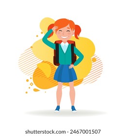 Schoolgirl waving hand. Red-haired girl in school uniform and with backpack greeting her friends. School and education concept. Vector illustration can be used for topics like friendship, childhood