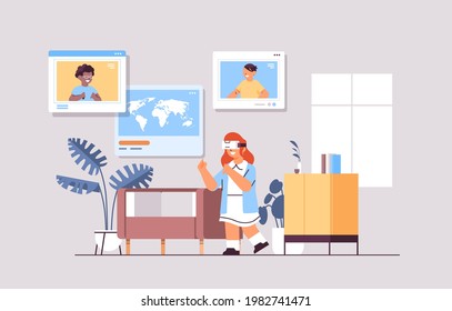 schoolgirl wearing vr headset schoolchildren in web browser windows discussing during video call self isolation concept