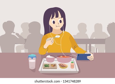 A Schoolgirl Who Is Eating Alone At A School Cafeteria While Watching A Cell Phone. Hand Drawn Style Vector Design Illustrations. 