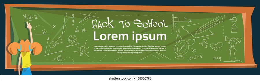 Schoolgirl Write On Class Board Lesson Back To School Banner Flat Vector Illustration
