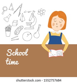 Schoolgirl writes in notebook at the table. Cute girl sitting at the desk studying in school. Doodle hand drawn study elements: microscope, cell, test tube, pencils. Flat cartoon education background.