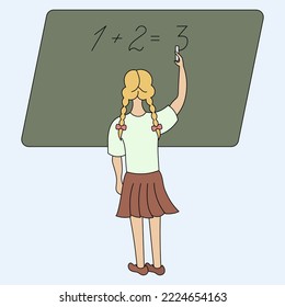 The schoolgirl writes on the blackboard with chalk. A student solves a math problem. Vector illustration. European girl with pigtails, view from the back. School theme. Cartoon style. 