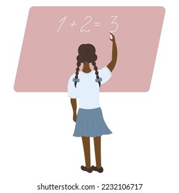 The schoolgirl writes on the blackboard with chalk. A student solves a math problem. Vector illustration. African American girl with pigtails, view from the back. School theme. Flat style. 