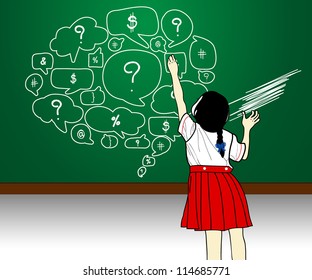 Schoolgirl writing speech bubble on blackboard