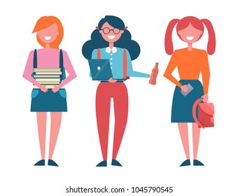 Schoolgirls with big backpacks, pile of books, modern laptop and bottle of soda isolated cartoon flat vector illustrations set on white background.