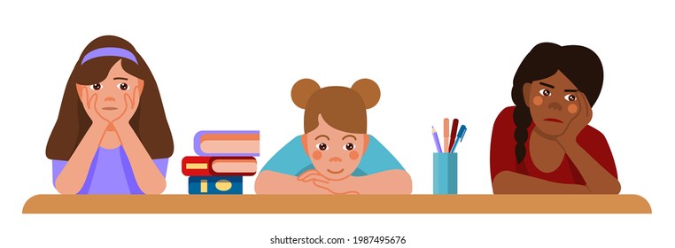 Schoolgirls are bored at the desk. Afro-Amerecan schoolgirl and white girls sit at the table in class and fight boredom. Boring lesson. Vector illustration in flat cartoon style. Back to school