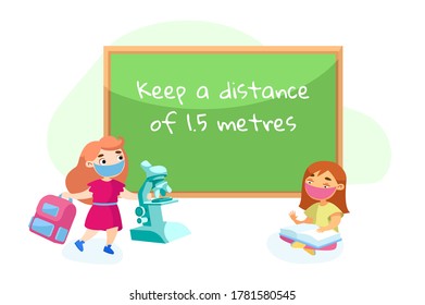 Schoolgirls Characters with Backpack, Microscope and Books Visit School during Covid19. Keep Distance Writing on Chalkboard. Education or Knowledge Concept, Kid Studying. Cartoon Vector Illustration