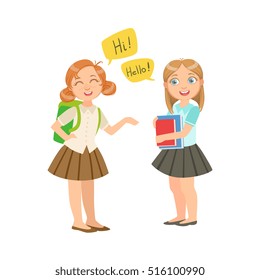 Schoolgirls Chatting In School Break Wearing School Uniforms, Part Of Scholars Studying Vector Collection.