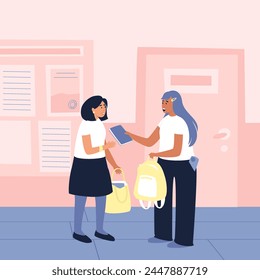 Schoolgirls communicate before entering the classroom. Girlfriends exchange books in the school hallway. Flat vector illustration.